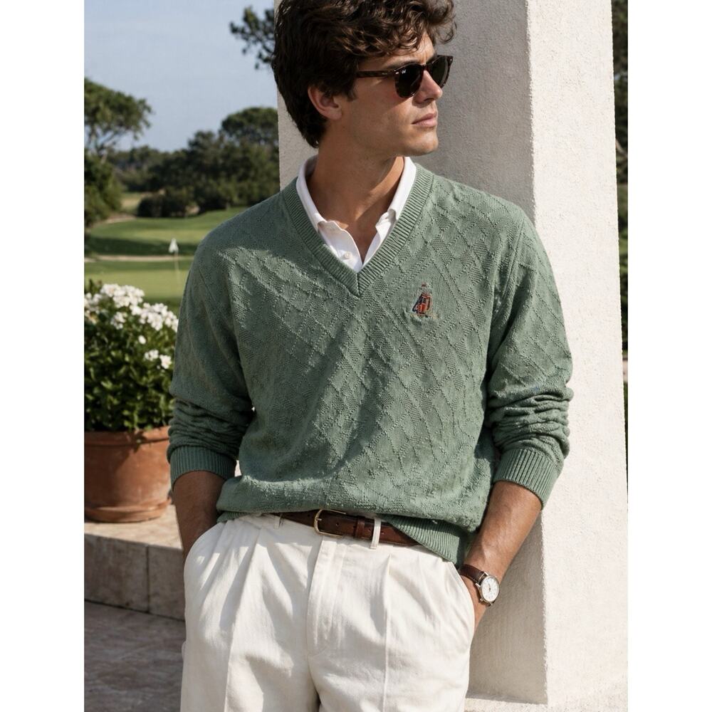 Vintage Textured Sage V Neck Sweater Gold Logo Coastal Preppy Old Money Knit